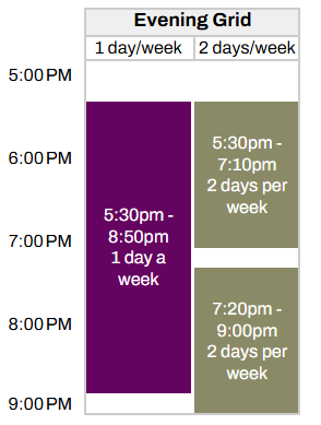 Time grid chart for evening classes